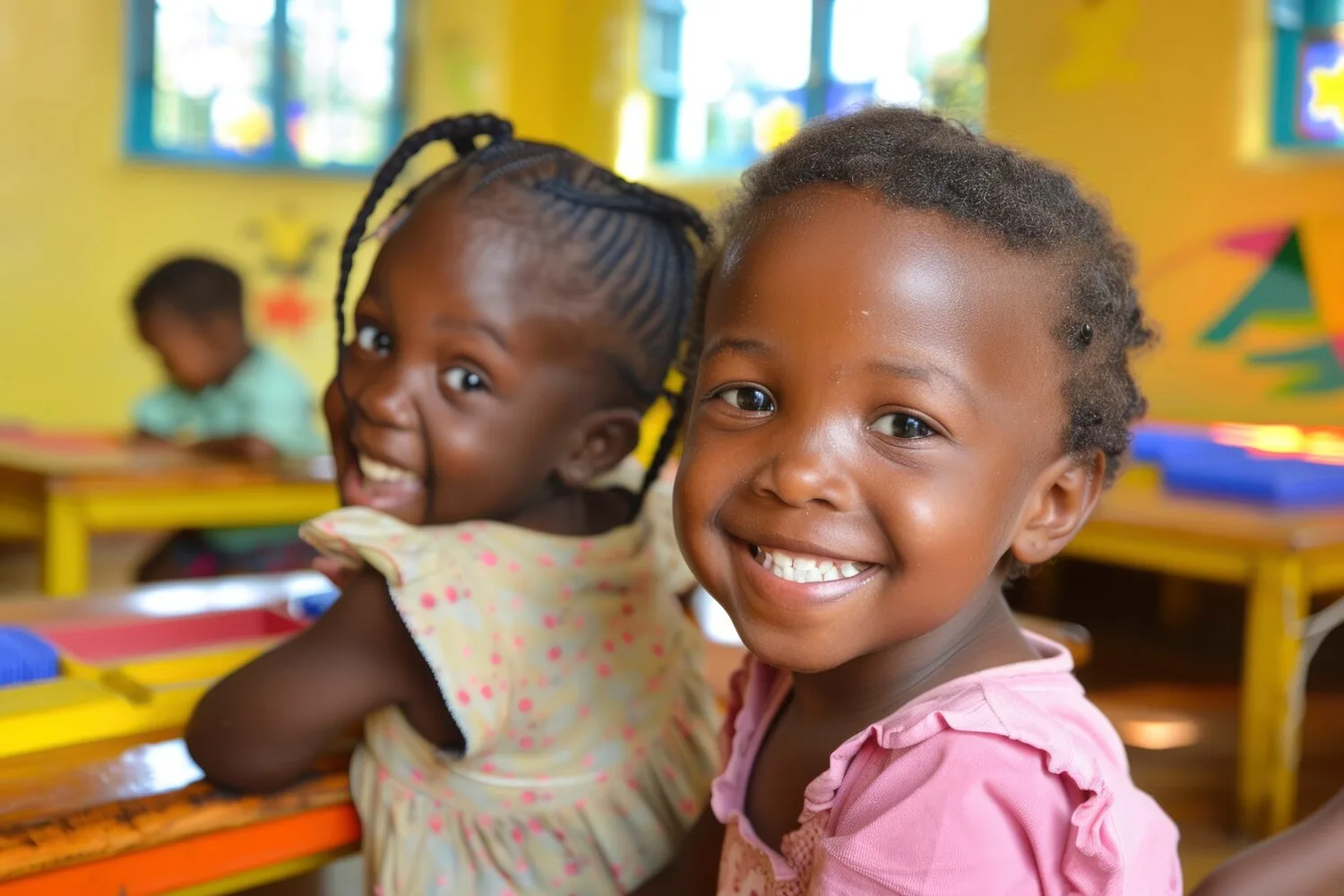 Smiling pupils in a bright classroom